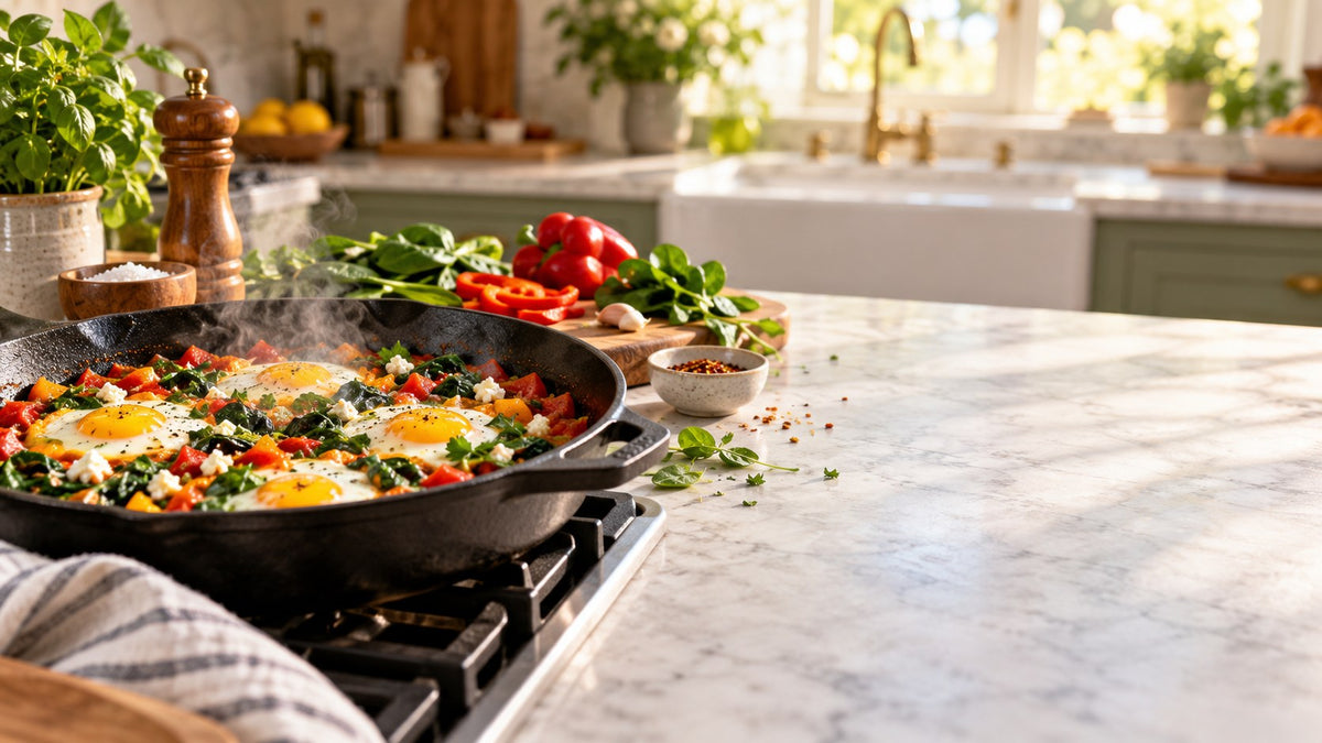 Skillet of eggs, peppers and spinach in a home kitchen