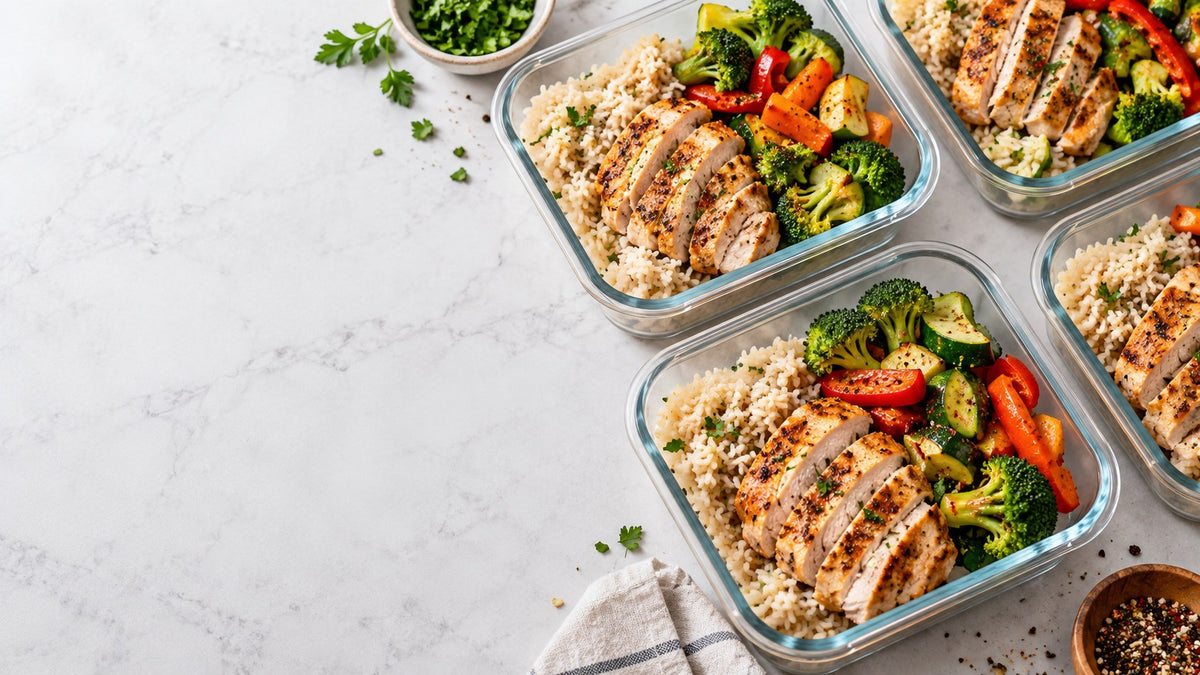 Meal prep containers with chicken, rice and vegetables