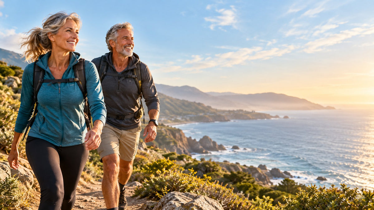 Couple in their 50s hiking along the coast