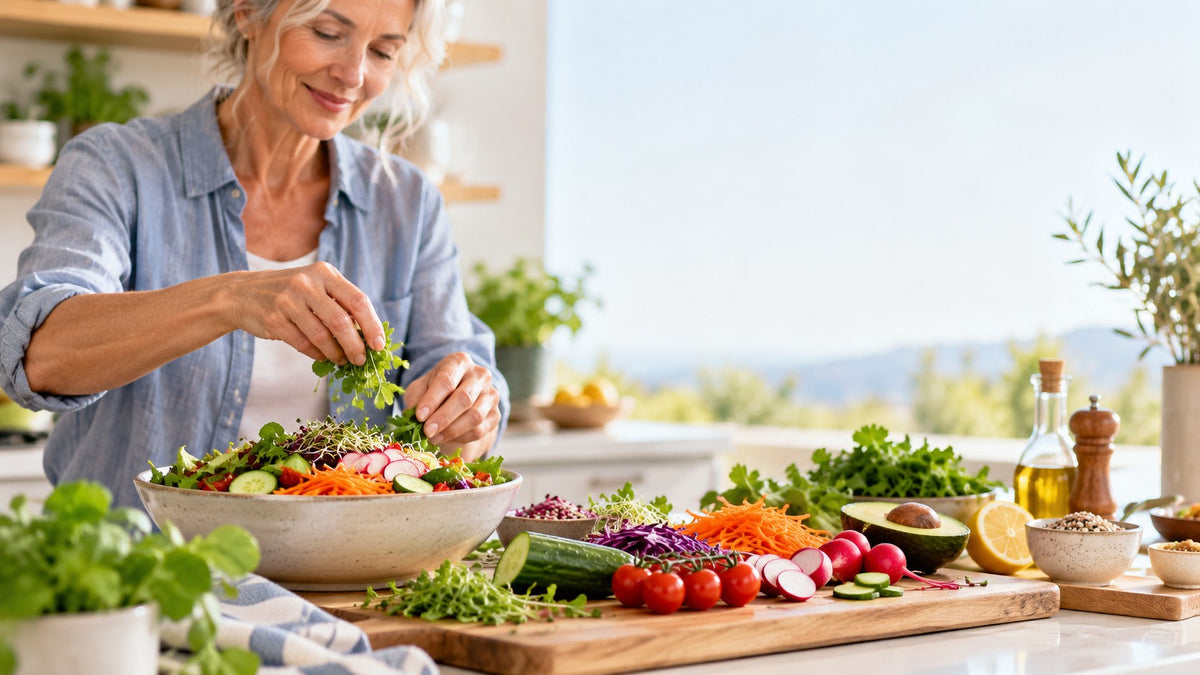 Woman making a big salad with fresh vegetables
