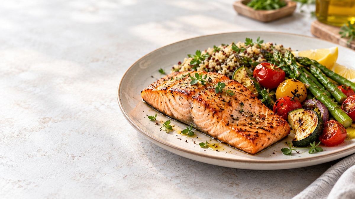 Grilled salmon with quinoa and roasted vegetables