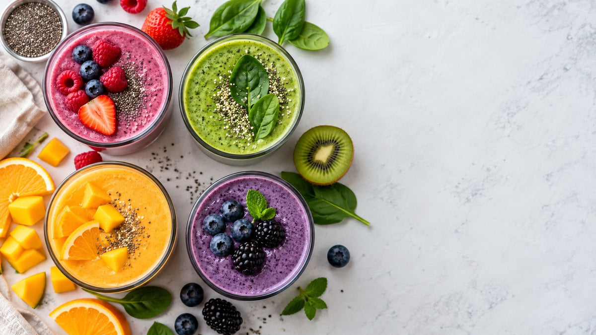 Four colorful smoothies with fresh fruit