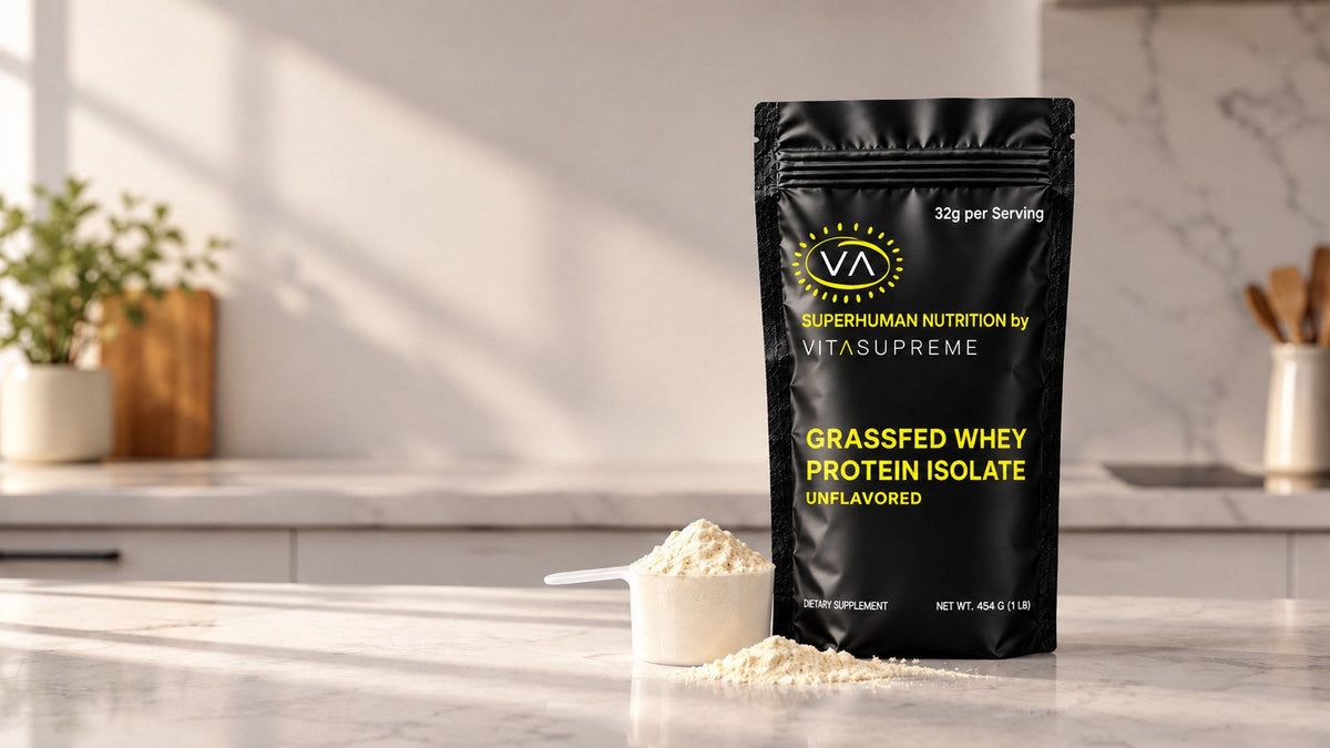 Organic Grass-Fed Whey Protein Isolate bag with a scoop of powder