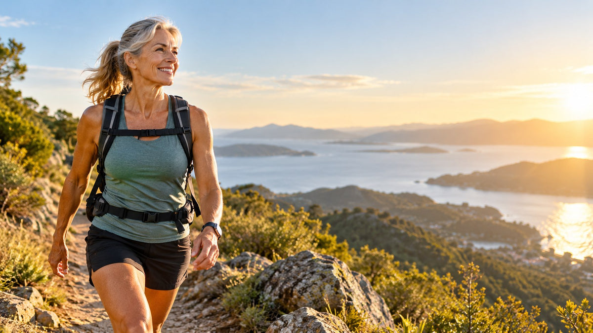 Active woman in her 50s hiking in the morning sun